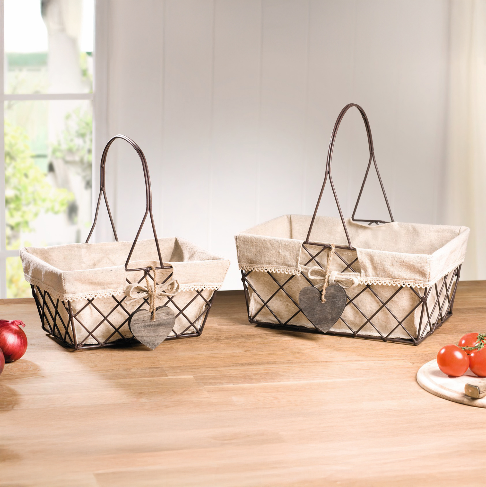 Drahtkorb "Holzherz", 2er Set  im Frank Flechtwaren Online Shop kaufen